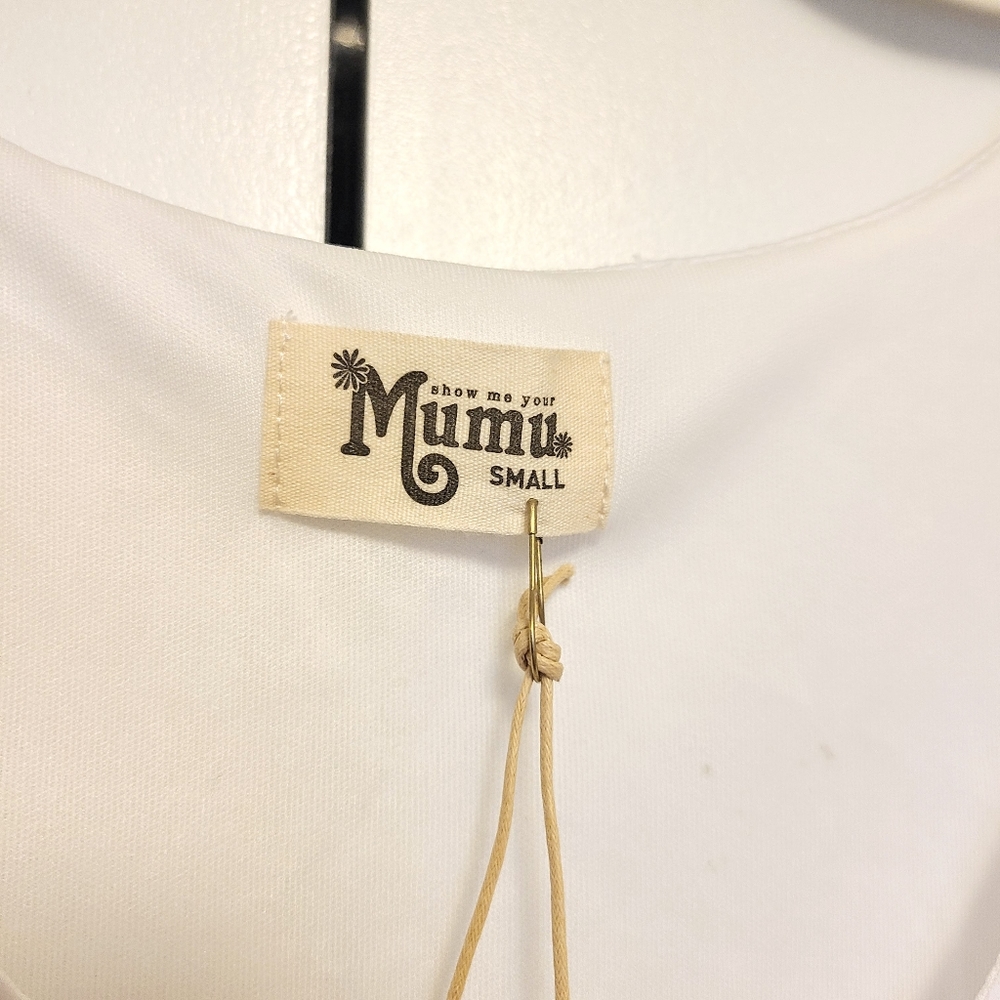 NWT Show Me Your MuMu Portabella in Crisp White Mini Dress w/ Lacy Bell Sleeves - Picture 4 of 9